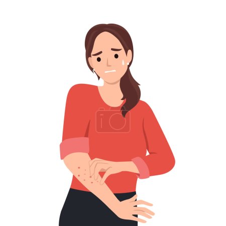 Illustration for Unhappy suffering woman scratching the skin on her hand. Various skin problems, such as allergies, psoriasis, itching, atopic dermatitis, eczema, dryness, redness. Virus disease and eczema concept. Flat vector illustration isolated on white backgroun - Royalty Free Image