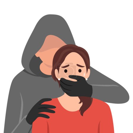 Illustration for Abuse or domestic violence concept. The man covers the woman's mouth with his hand. A woman in tears and with traces of beating on her face. Social problems, aggression and abuse against women. Flat vector illustration isolated on white background - Royalty Free Image
