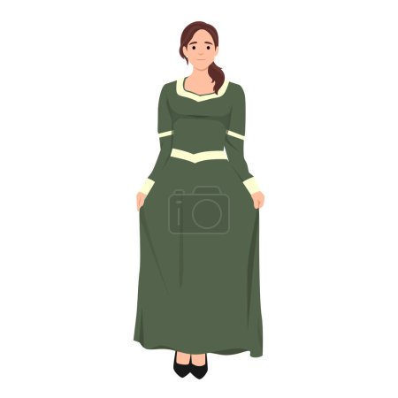 Ilustración de Moda Tudor. Mujer medieval en un tocado verde y un vestido bordado con oro. Traje histórico. Ilustración vectorial plana aislada sobre fondo blanco - Imagen libre de derechos