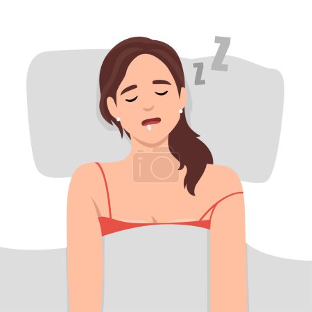 Illustration for Woman sleeping and snoring in flat design. Snore health problem concept. Flat vector illustration isolated on white background - Royalty Free Image