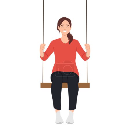 Illustration for Love and time for yourself. Happy woman, self care, slow life concept. Cute girl with long hair sitting on swing. Young smiling mother takes break and relaxes. Wellbeing, body care. Flat vector illustration isolated on white background - Royalty Free Image
