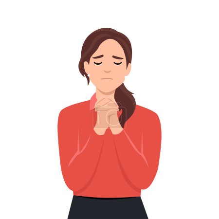 Praying, asking for God help concept. Young girl with folded hands and closed eyes, crying, asking for forgiveness, repenting, regretting, religious woman shriving. Flat vector illustration isolated on white background