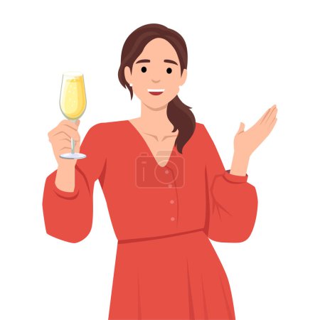 Ilustración de Hermosa chica en vestido de noche sosteniendo una copa de champán. Ilustración vectorial plana aislada sobre fondo blanco - Imagen libre de derechos