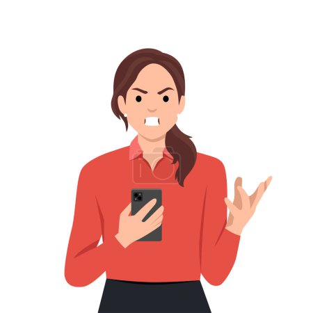 Illustration for Online quarrelling, conflict, showdown, bullying concept. Young aggressive woman cartoon character quarrelling online with somebody during video call, chat, message, application for communication. Flat vector illustration isolated on white background - Royalty Free Image