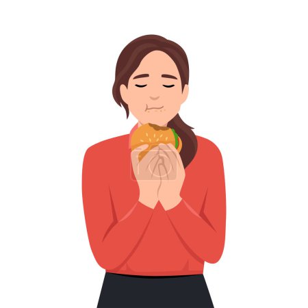 Ilustración de Hermosa mujer con los ojos cerrados está comiendo una hamburguesa con queso. Comida rápida. Ilustración vectorial plana aislada sobre fondo blanco - Imagen libre de derechos