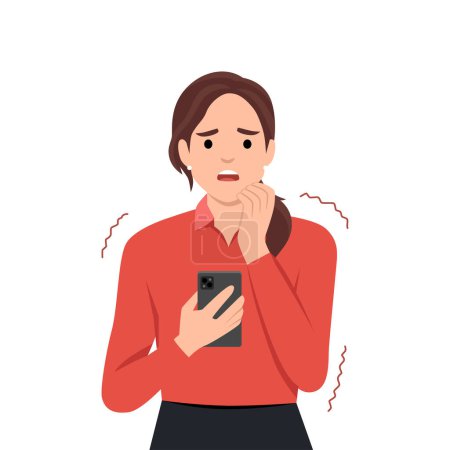 Illustration for Frustration, broken phone, problems in communication concept. Worried concerned girl cartoon character looking at her phone screen cracked and shattered to pieces or feeling bad with message. Flat vector illustration isolated on white background - Royalty Free Image