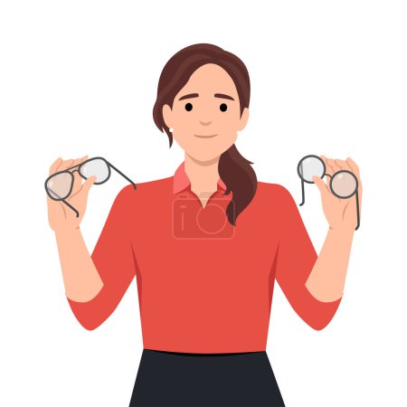 Mujer sostiene gafas y lentes en las manos la elección de producto conveniente y útil para el cuidado de los ojos. Retrato de una oftalmóloga sonriente que ofrece varias maneras de mejorar la visión. Ilustración vectorial plana aislada sobre fondo blanco