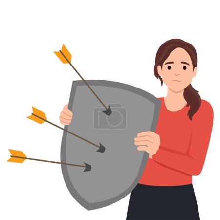 Illustration for Upset cartoon woman with mental disorders hold shield with arrows isolated on white. Female rejection of love vector flat illustration. Psychological problem, defense mechanism and avoidance concept. Flat vector illustration isolated on white backgro - Royalty Free Image