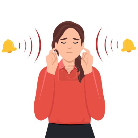 Illustration for Woman with closed eyes is plugging her ears with fingers when suffering from tinnitus. Red bells as symbol of unbearable ringing in ears. Concept of diseases of hearing organs or neurology problems. Flat vector illustration isolated on white backgrou - Royalty Free Image