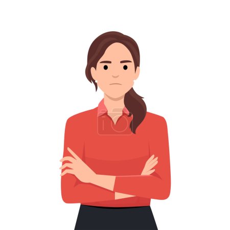 Illustration for Angry young woman crossed her arms. The girl is standing in a green sweater with her arms crossed over her chest. Flat vector illustration isolated on white background - Royalty Free Image