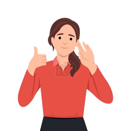 Illustration for Young woman uses hearing aid and shows thumbs up confirming good sound volume thanks to new device. Gray-haired old lady with hearing aid enjoys opportunity to hear others and communicate freely. Flat vector illustration isolated on white background - Royalty Free Image