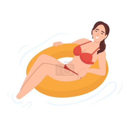 Illustration for Woman relaxing on float swim ring. Flat style woman on vacation swimming in pool, resting or dreaming on water waves on inflatable ring or mattress. Flat vector illustration isolated on white background - Royalty Free Image