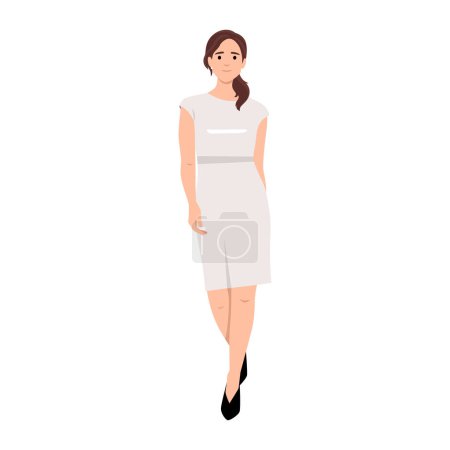 Schöne lächelnde weibliche Modell in rotem langen Kleid Vektor Illustration Fashion Woman Wearing white Dress Walking Girl. Flache Vektordarstellung isoliert auf weißem Hintergrund