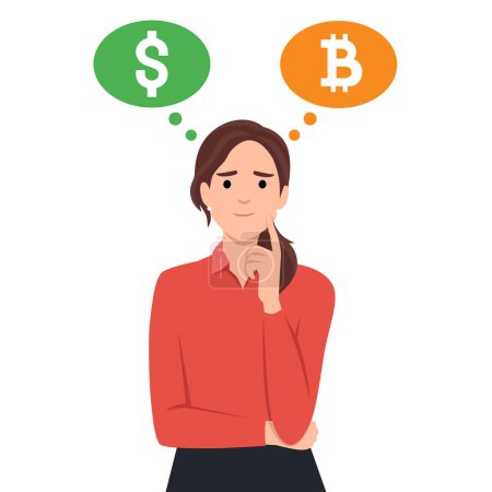 Illustration for Investment portfolio with Bitcoin or crypto currency, buy or sell trading, crypto market exchange value concept, businessman investor or trader balance portfolio with dollar coin and bitcoin. Flat vector illustration isolated on white background - Royalty Free Image