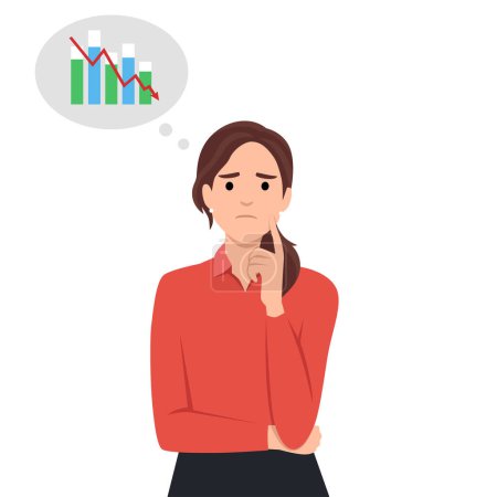 Illustration for Woman think about stock down trend. Stock market crash, crypto price fall, loss money from financial crisis or wrong speculation of trading concept. Flat vector illustration isolated on white background - Royalty Free Image
