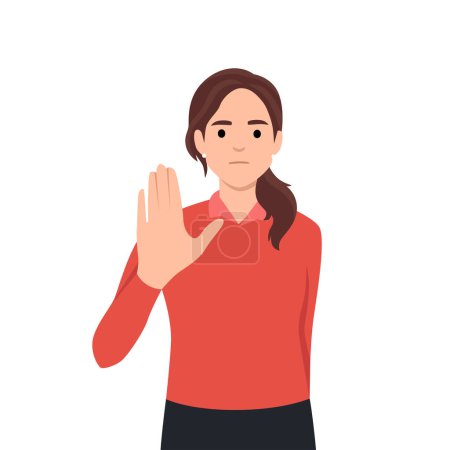 Ilustración de Oman ignora smb haciendo gestos de stop con la mano, mostrando signo de rechazo. Persona con expresión facial insatisfecha. Comunicación silenciosa - Imagen libre de derechos