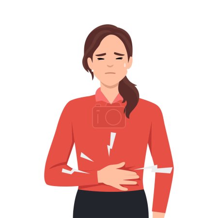 Illustration for Diarrhea or constipation, problems with health concept. Young sad Woman standing feeling pain in stomach touching it with hands having Abdomen disease and illness. Flat vector illustration isolated on white background - Royalty Free Image