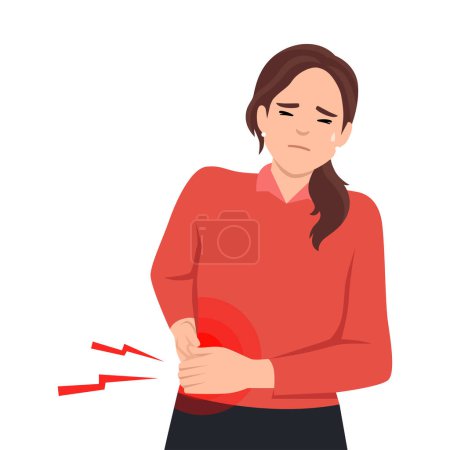 Illustration for .Unhealthy woman suffer from liver problems. Unwell girl struggle with body organ inflammation. Healthcare and medicine Flat vector illustration isolated on white background - Royalty Free Image