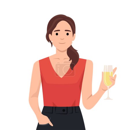 Téléchargez les illustrations : Belle fille en robe de soirée tenant un verre de champagne dans une fête. Illustration vectorielle plate isolée sur fond blanc - en licence libre de droit