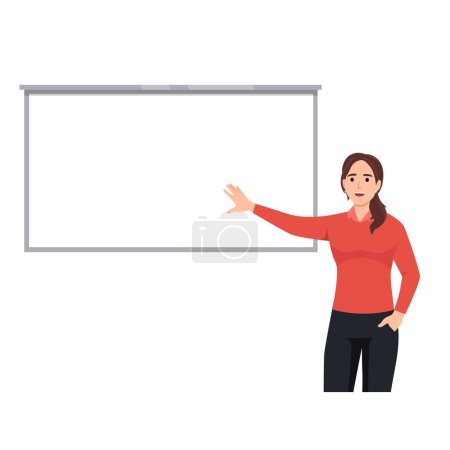 Téléchargez les illustrations : Femme d'affaires expliquant sur le tableau blanc. Illustration vectorielle plate isolée sur fond blanc - en licence libre de droit