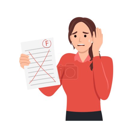 Illustration for Girl holding paper sheet with grade on it. Girl standing with grade F. Idea of education and learning. Sad female with bad grade. Flat vector illustration isolated on white backgroundFlat vector illustration isolated on white background - Royalty Free Image