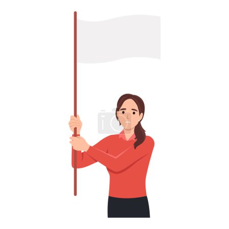 Illustration for Young woman holds white flag of surrender. Flat vector illustration isolated on white background. Flat vector illustration isolated on white background - Royalty Free Image