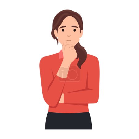 Illustration for A beautiful woman with her hand on her chin showing a thought, thinking, or having a question. Flat vector illustration isolated on white background - Royalty Free Image