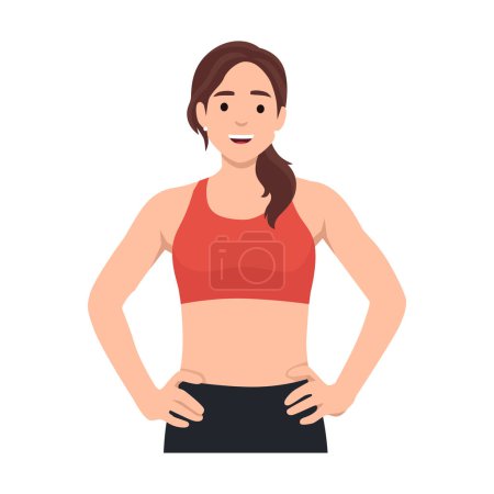 Illustration for Young woman with a toned body in Fitness suit or sports bra with her hands on hips. Flat vector illustration isolated on white background - Royalty Free Image