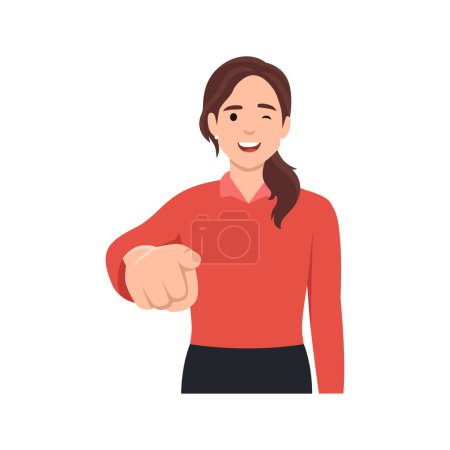 Illustration for Young woman pointing to the viewer smile and wink. Flat vector illustration isolated on white background - Royalty Free Image