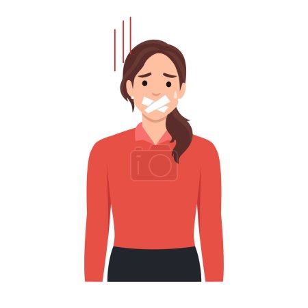 Illustration for Portrait of attractive brunette young woman silenced with mouth covered with grey tape. Flat vector illustration isolated on white background - Royalty Free Image