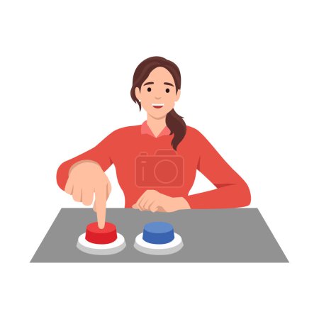 Ilustración de Mujer feliz eligiendo entre dos botones y pulsando uno azul. Ilustración vectorial para una elección difícil. Ilustración vectorial plana aislada sobre fondo blanco - Imagen libre de derechos