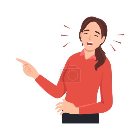 Illustration for Young woman laughing while pointing. Flat vector illustration isolated on white background - Royalty Free Image