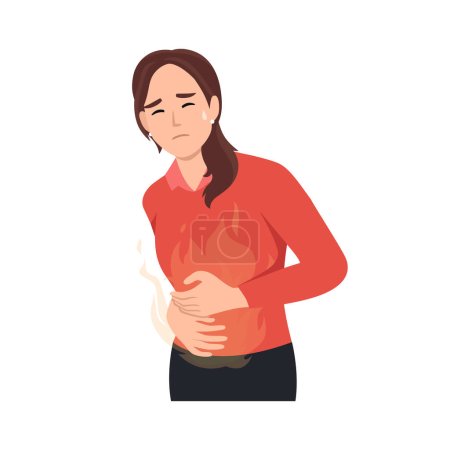 La jeune femme ressent une douleur dans l'illustration vectorielle de l'estomac. reflux gastrique acide maladie et problème du système digestif. Le concept des brûlures d'estomac. Illustration vectorielle plate isolée sur fond blanc