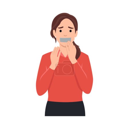 Illustration for Young woman silenced with mouth covered with grey tape. Flat vector illustration isolated on white background - Royalty Free Image