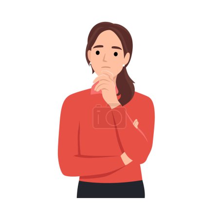 Illustration for Young woman with her hand on her chin showing a thought, thinking, or having a question. Flat vector illustration isolated on white background - Royalty Free Image