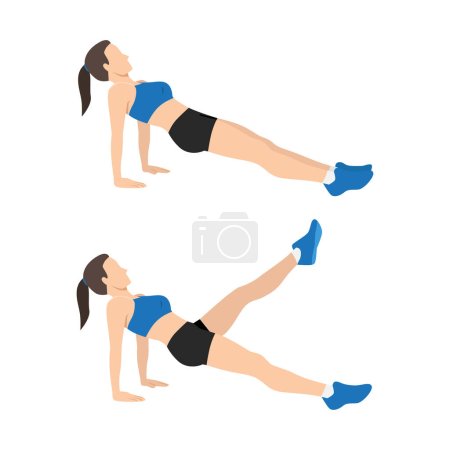 Illustration for Woman doing Reverse Plank With Leg Raise Form in 2 steps for exercise guide. Illustration about workout to target at shoulders, legs, and abdominal muscles. Flat vector illustration isolated on white background - Royalty Free Image