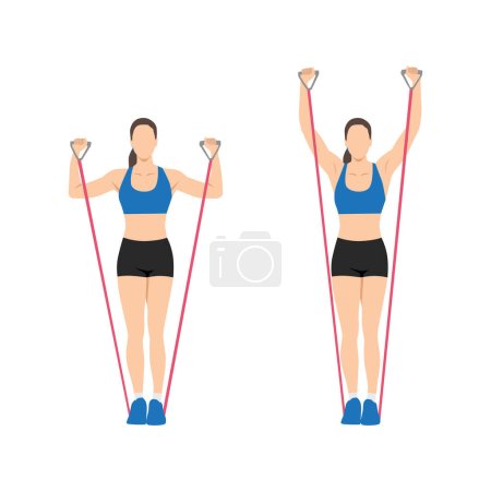 Illustration for Woman doing Resistance band standing shoulder press. overhead press exercise. Flat vector illustration isolated on white background - Royalty Free Image