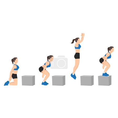 Illustration for Woman doing knee to box jump squat or power jump exercise. Flat vector illustration isolated on white background - Royalty Free Image