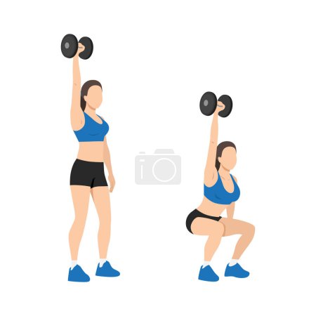 Illustration for Woman doing single or one arm overhead dumbbell squats exercise. Flat vector illustration isolated on white background - Royalty Free Image