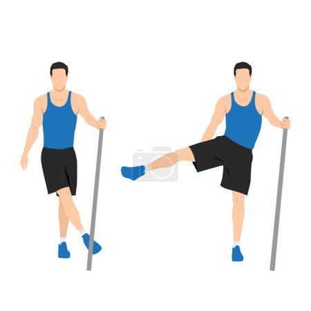 Téléchargez les illustrations : Homme faisant latérale jambe latérale ou de la hanche balançoires exercice. Illustration vectorielle plate isolée sur fond blanc - en licence libre de droit