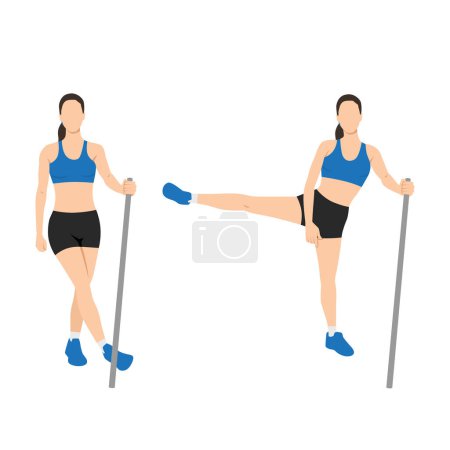 Téléchargez les illustrations : Femme faisant latérale jambe latérale ou de la hanche balançoires exercice. Illustration vectorielle plate isolée sur fond blanc - en licence libre de droit