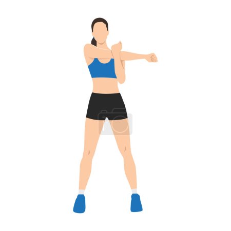 Femme faisant debout bras croisé. Exercice d'étirement d'épaule. Illustration vectorielle plate isolée sur fond blanc
