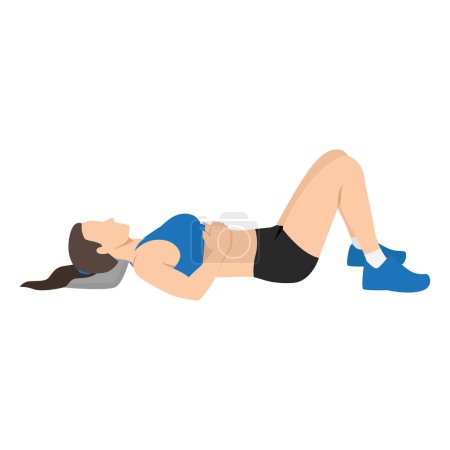 Ilustración de Mujer haciendo semi supino acostado o ejercicio constructivo posición de descanso. Ilustración vectorial plana aislada sobre fondo blanco - Imagen libre de derechos