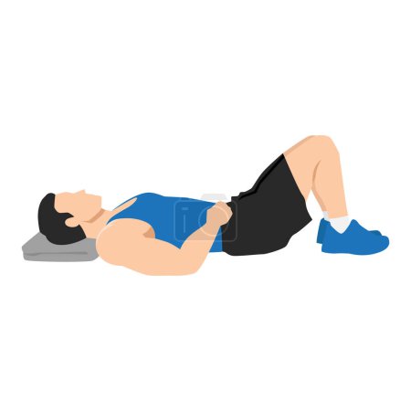 Ilustración de Hombre haciendo semi supino acostado o ejercicio constructivo posición de descanso. Ilustración vectorial plana aislada sobre fondo blanco - Imagen libre de derechos