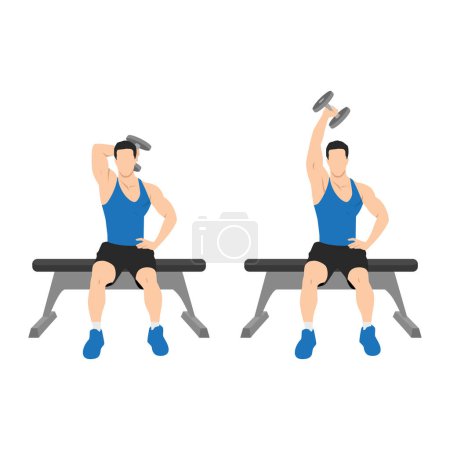 Hombre haciendo ejercicio de extensiones de tríceps de mancuerna de brazo único sentado. Ilustración vectorial plana aislada sobre fondo blanco