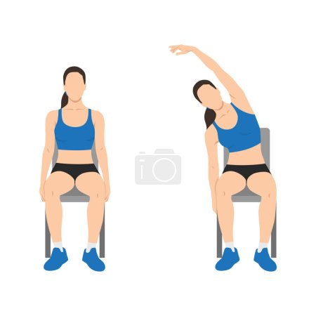 Téléchargez les illustrations : Femme faisant des courbes latérales assises ou un exercice d'étirement latéral. Illustration vectorielle plate isolée sur fond blanc - en licence libre de droit
