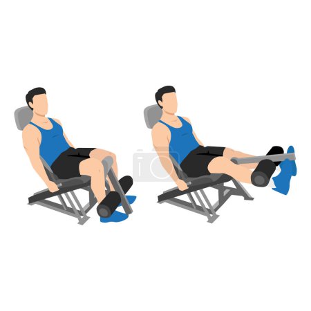 Ilustración de Hombre haciendo ejercicio de extensiones de pierna de máquina sentada. Ilustración vectorial plana aislada sobre fondo blanco - Imagen libre de derechos