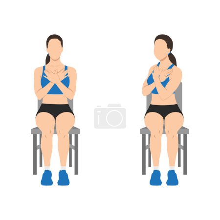 Mujer sentada haciendo ejercicios de rotación glútea y lumbar o giro de silla. Ilustración vectorial plana aislada sobre fondo blanco