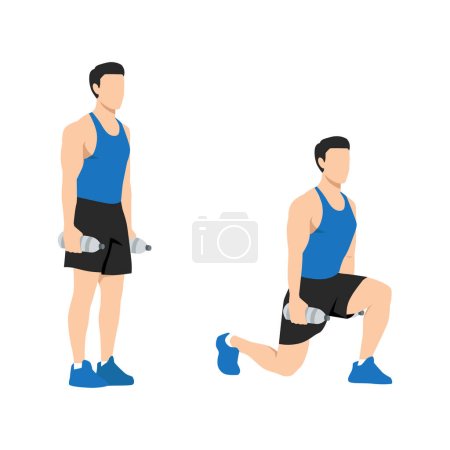 Téléchargez les illustrations : Homme faisant de l'exercice dans la pose Reverse Lunge avec une bouteille d'eau. Illustration vectorielle plate isolée sur fond blanc - en licence libre de droit