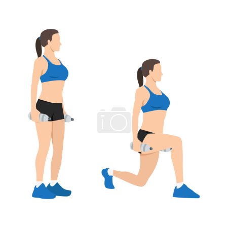 Téléchargez les illustrations : Femme faisant de l'exercice dans la pose Reverse Lunge avec une bouteille d'eau. Illustration vectorielle plate isolée sur fond blanc - en licence libre de droit